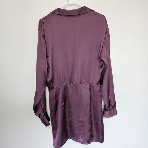 NWT Zara | Satin Ruched Shirt Dress Silky Eggplant Womens Large - Picture 6 of 9